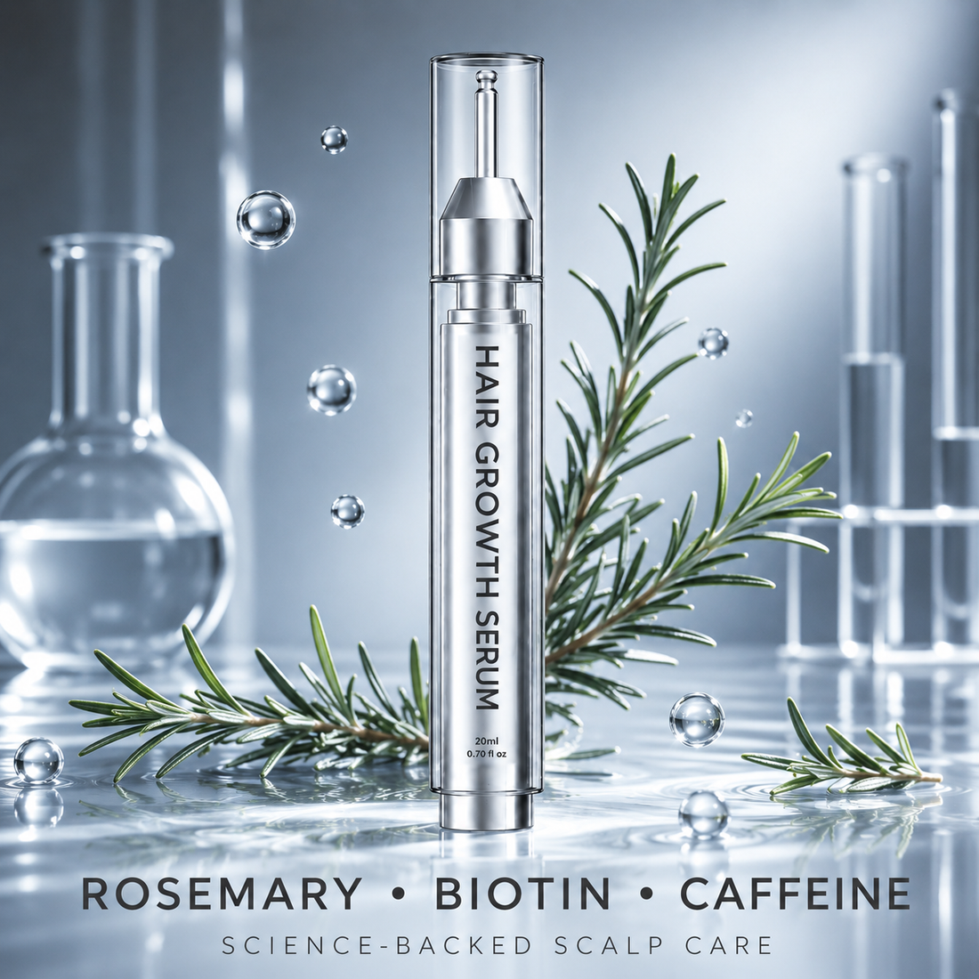 Hair Care Essence with rosemary in a laboratory-inspired setting