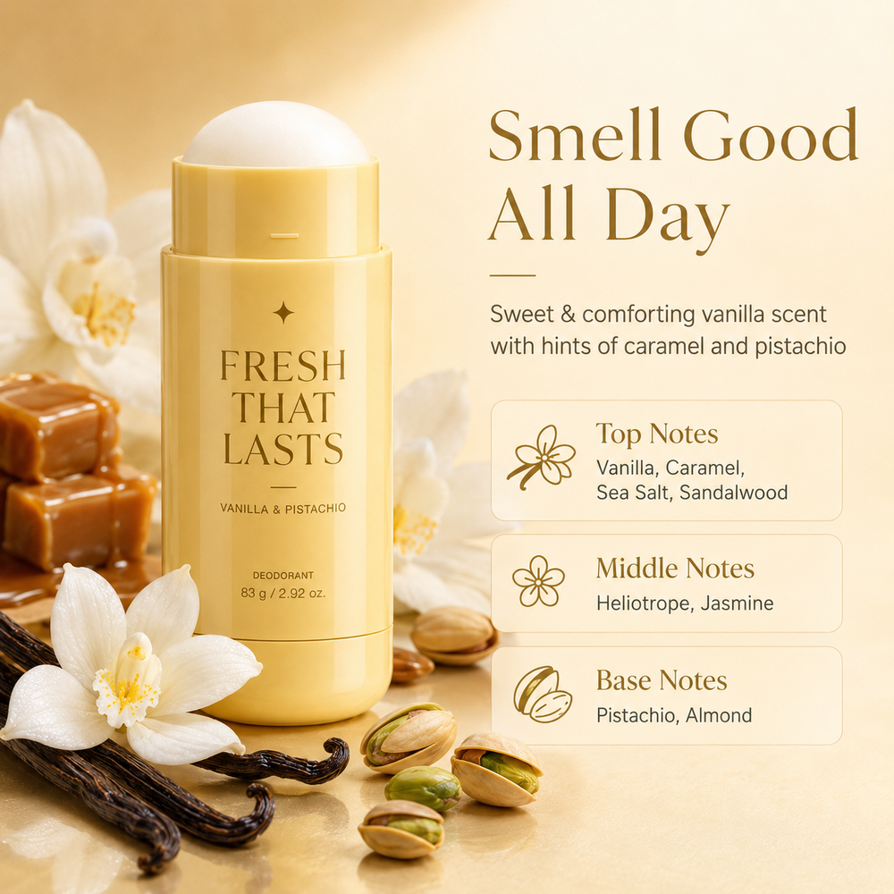 Fresh That Lasts deodorant surrounded by vanilla, caramel and pistachio scent elements