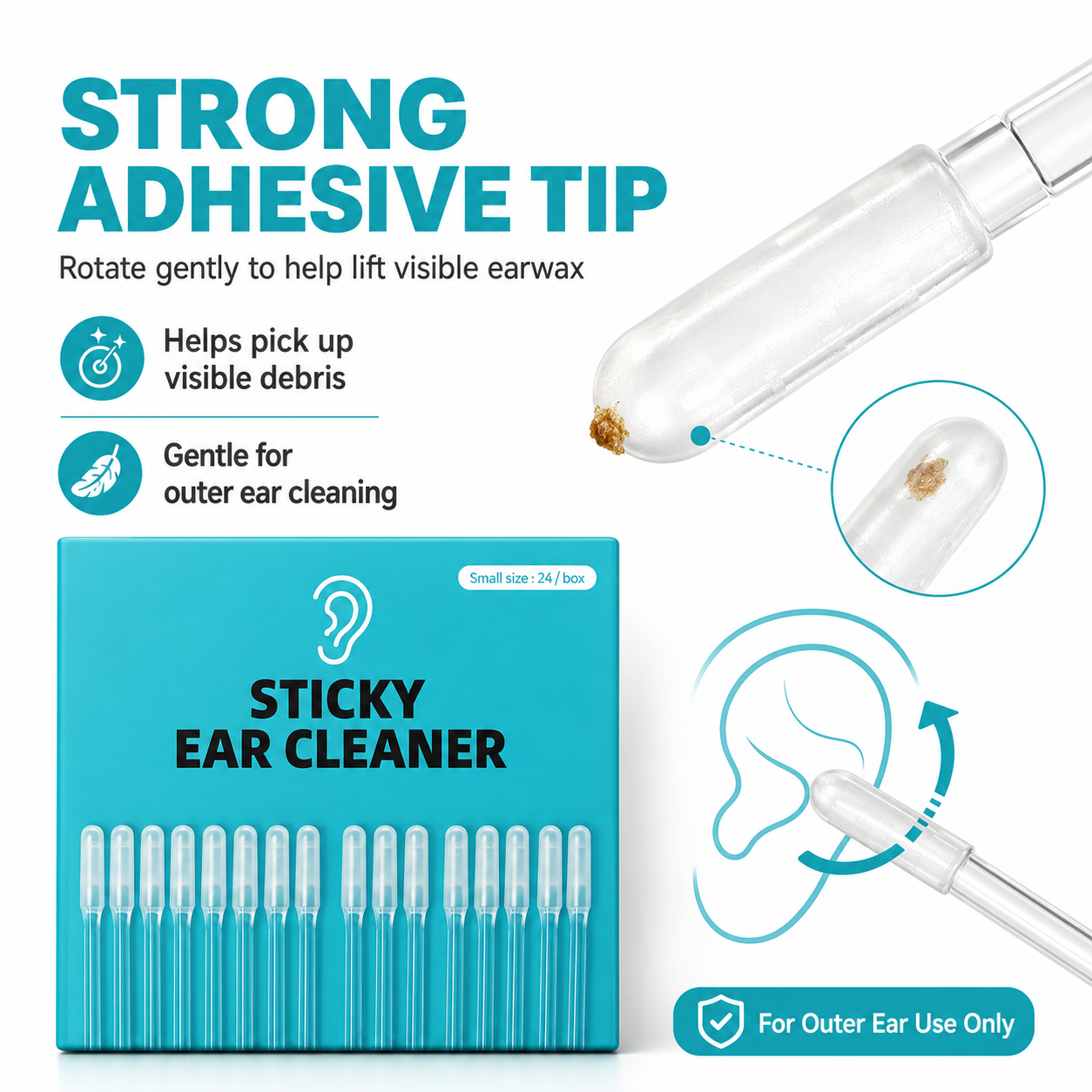 Close view of the soft rounded adhesive ear cleaner tip