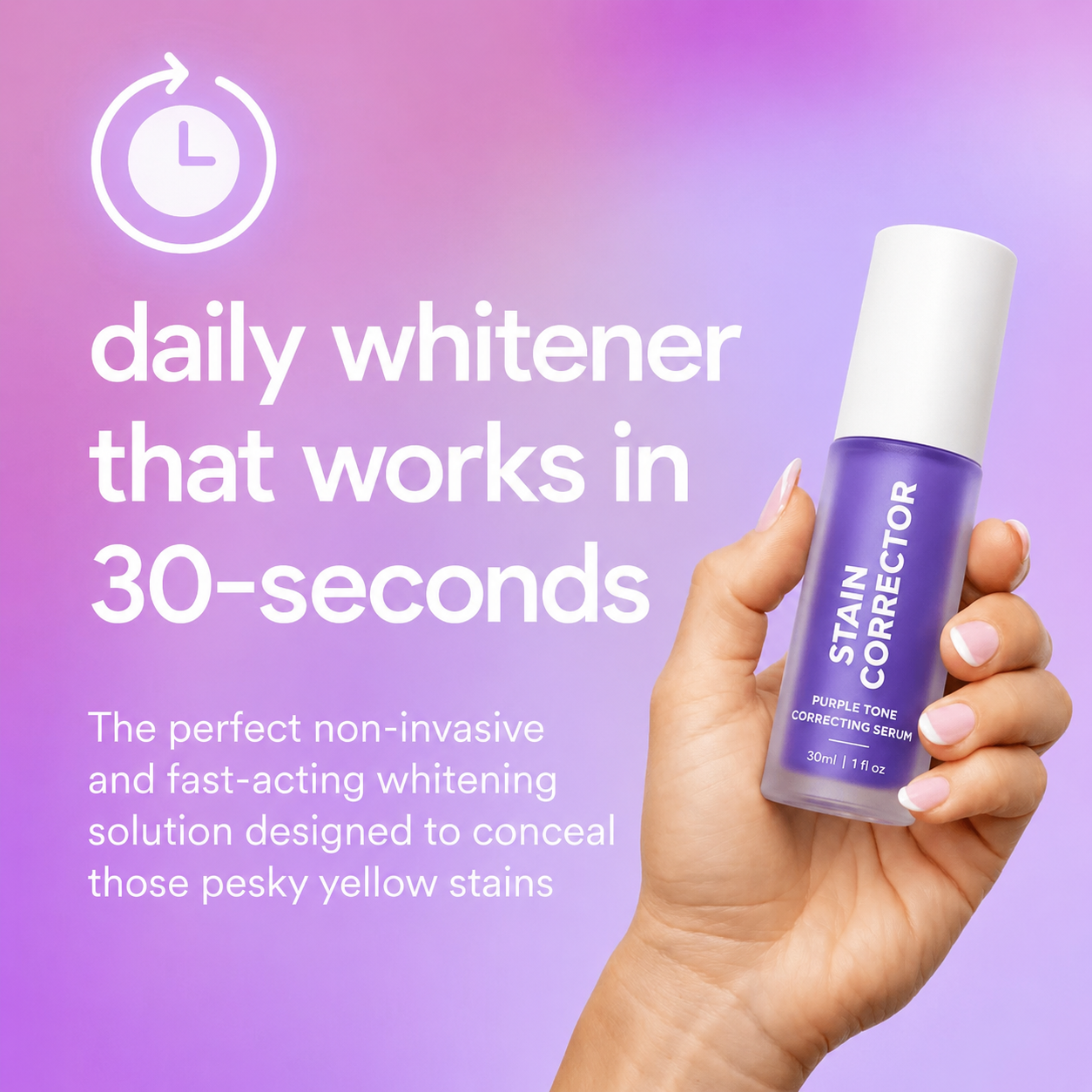Hand holding STAIN CORRECTOR purple tone correcting serum
