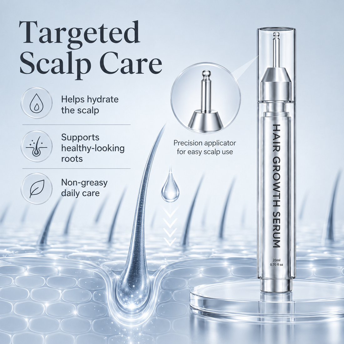 Targeted root application and precision applicator for fuller-looking hair