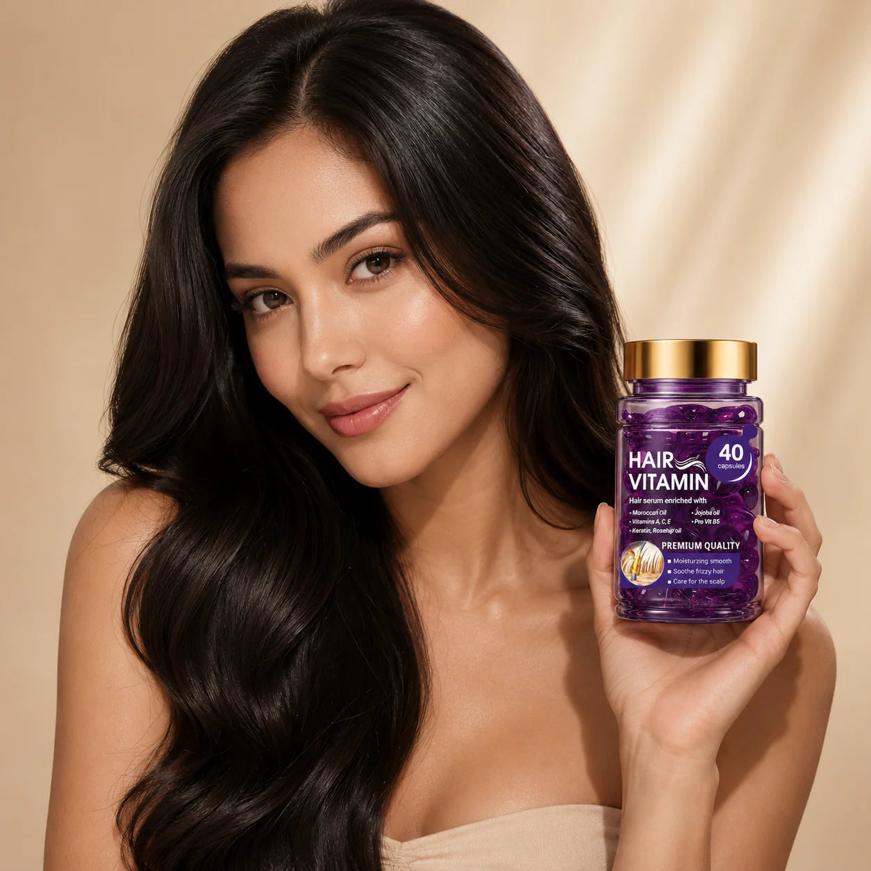 Model holding hair vitamin capsules