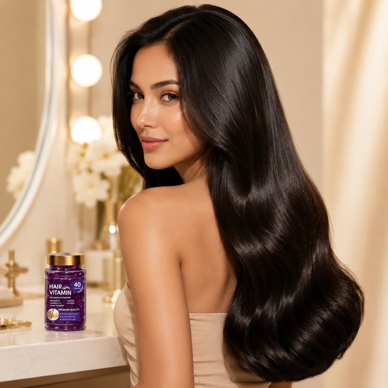Model with smooth glossy hair